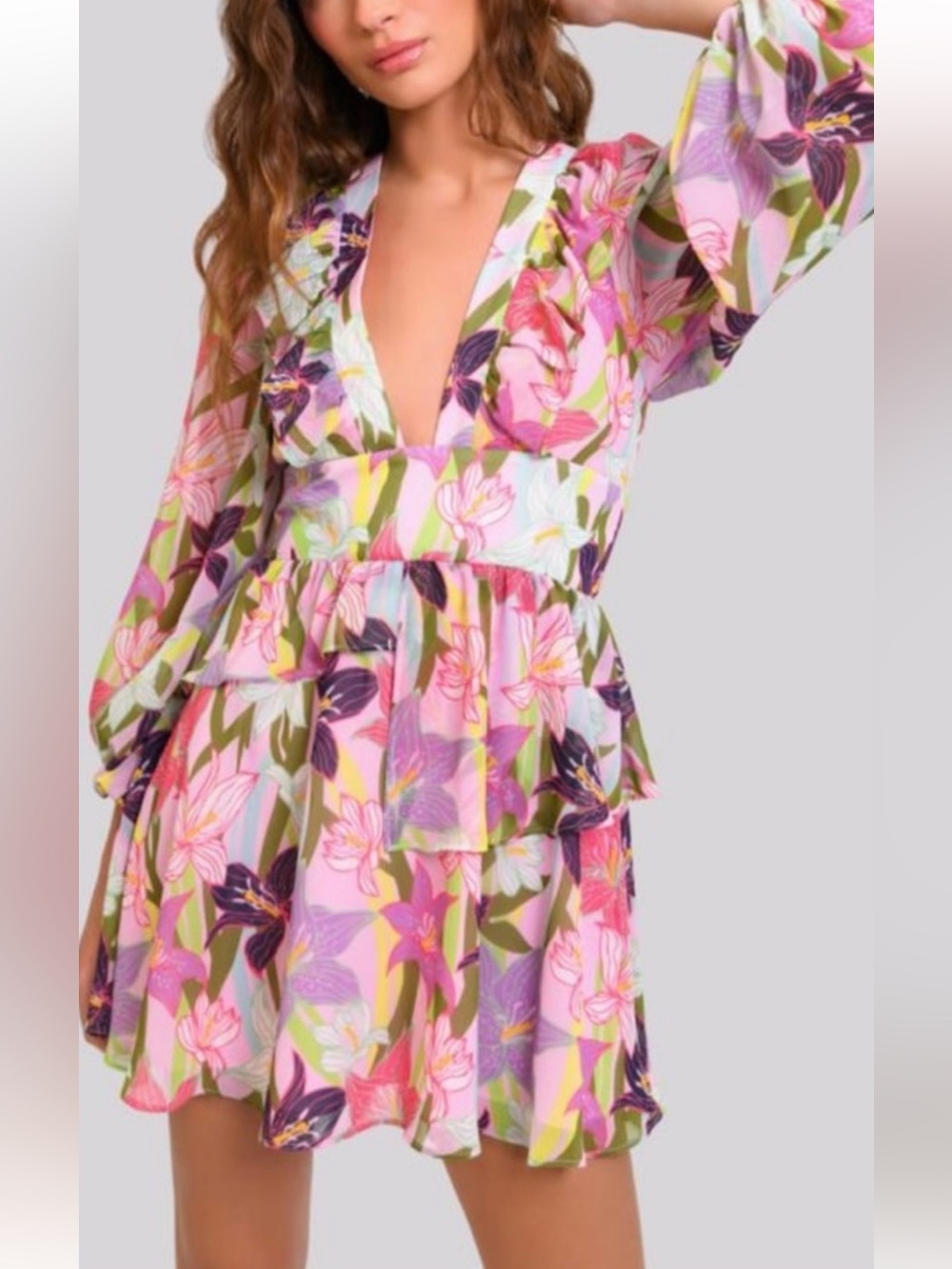HUTCH Lark Floral Ruffle V-Neck Tiered Mini Dress Size 6 NWOT